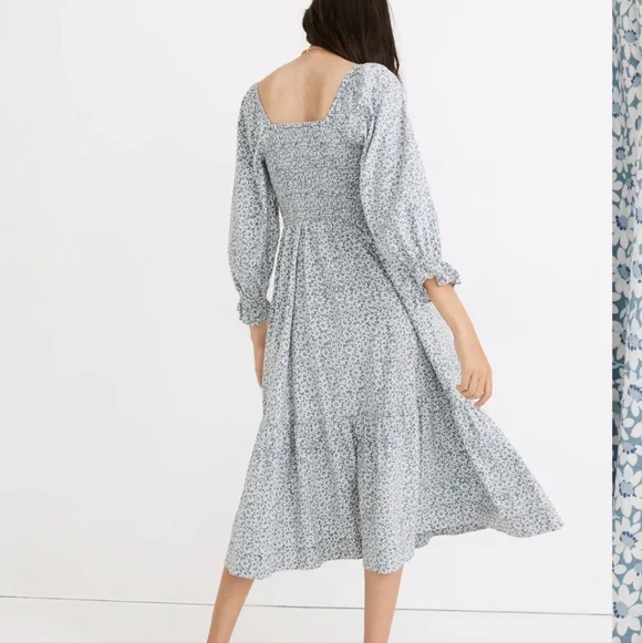 Madewell Lucie Elbow-Sleeve Smocked Midi Dress In Sunflower Field Ocean Blue - Picture 6 of 15